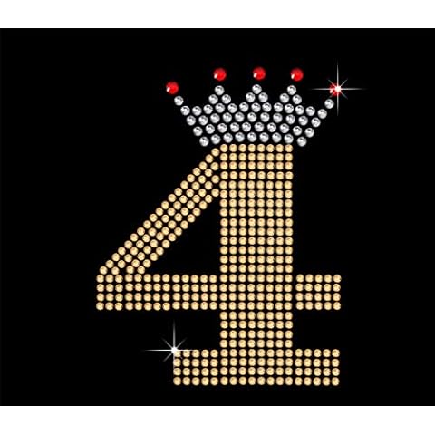 TShirt Showroom Number 4 and crown in Gold Birthday Hotfix Rhinestone Diamante Iron on Transfer Motif Applique Cover