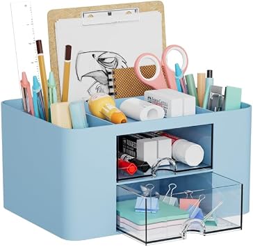 Marbrasse Desk Organiser with Drawers,Multifunctional Pen Holder with 7 Compartments,Stationary Organiser for Home Office Desk and AccessoriesBlue