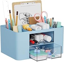Marbrasse Desk Organiser with Drawers, Multifunctional Pen Holder Desk with 7 Compartments, 2 Drawers, Office Organiser Accessories (Blue)