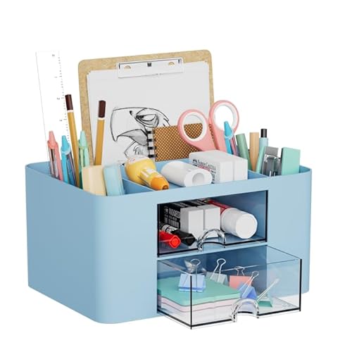 Marbrasse Desk Organiser with Drawers,Multifunctional Pen Holder with 7 Compartments,Stationary Organiser for Home Office Desk and Accessories(Blue)