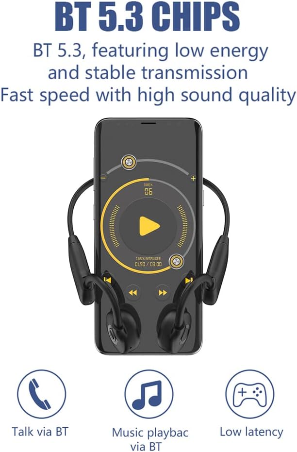 YODZ Sports Bone Conduction Headphones 32GB Memory Bluetooth 5.3 Wireless Earphone MP3 Player IPX6 Waterproof Hands-Free with Mic, for Running, Cycling, and Fitness