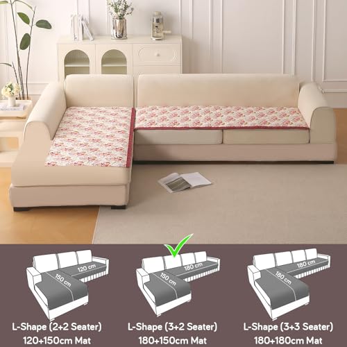 Image of HOKIPO 'Florentina Series' L Shape (3+2 Seater) Sofa Cover Seat Mat | Premium Multi-Needle Quilted Holland Velvet Sofa Mat + Foam Filling + Anti-Slip Backing, Autumn Cream (IN-880+882-V3)