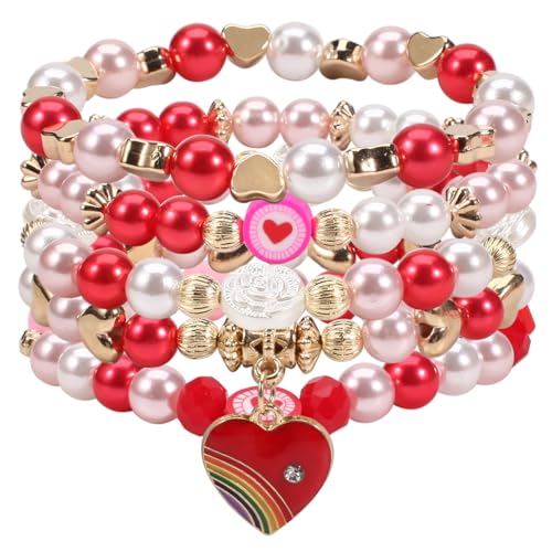 Ardorchid 5Pack Valentines Bracelets Pink Red Love Heart Beaded Stretch Stackable Bracelet for Women Holiday Charm Bracelets Festive Jewelry for Her