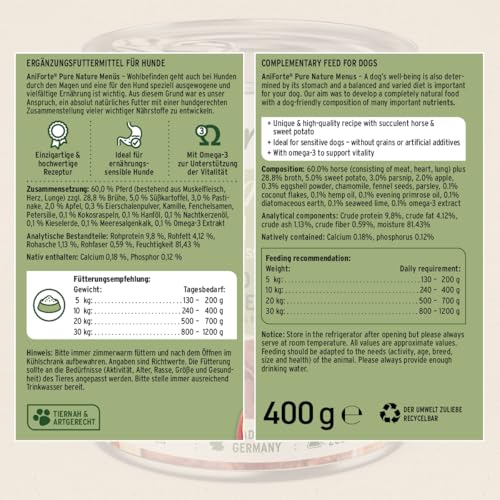 AniForte Hundefutter Nass RanchHorse 6 x 400g – Nassfutter für Hunde, Frisches Pferd mit Gemüse & Früchten, hoher Fleischanteil, Natürliches Hundenassfutter getreidefrei