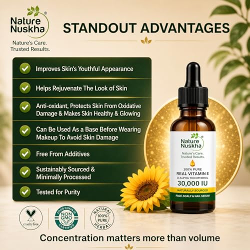 Image of Real Vitamin E Oil 30,000 IU | Undiluted D-Alpha Tocopherol Serum | Dermatologically Tested | For Skin Glow, Hair Nourishment & Stronger Nails | Non-GMO Certified | 30ml