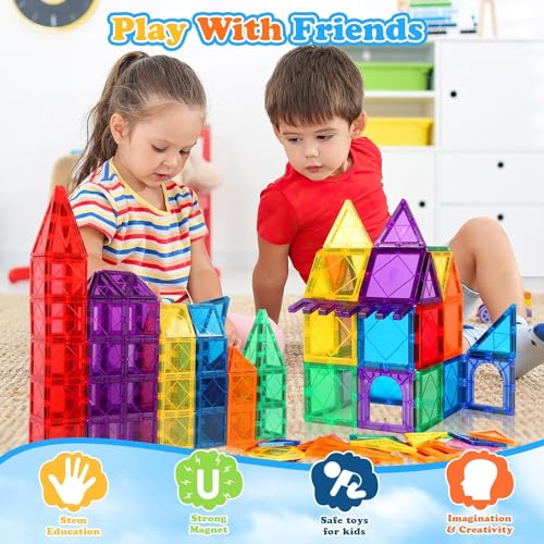 Image of ANVIE & ABEER Set of 50 Pcs Big (75mm) Magnetic Tiles with 2 Car Chassis of Random Colour | Magnetic Building Blocks | STEM Educational Construction Toy for Kids Boys & Girls