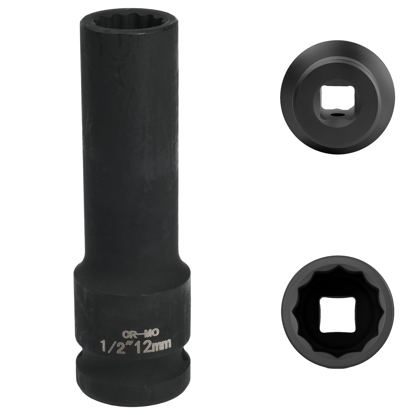 FortuneGlobe Socket 12mm 1/2 inch 12-Point, Impact Socket 1/2 inch 12 mm CR-MO Chromium-Molybdenum Steel (Black) — image 1