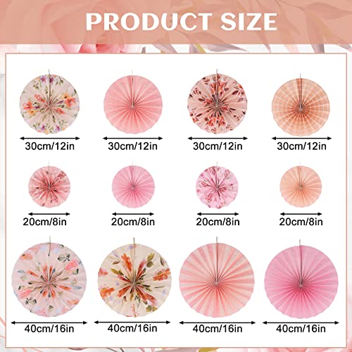 Image of Thenshop 12 Pcs Pink Hanging Paper Fans Decoration Wedding Boho Floral Round Paper Fans Vintage Style Ceiling Hanging Flower Decor for Tea Party Wedding Garden Bridal Birthday Events