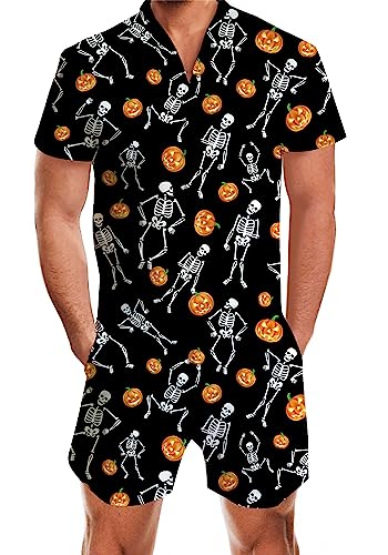Goodstoworld Halloween Romper Mens Skeleton Onesie Pumpkin Overalls Man Bro Guys 3D Graphic Jumpsuit Printed Pant Male One Piece Rave Outfits Shirt Zipper Cargo Slim Fit One Piece