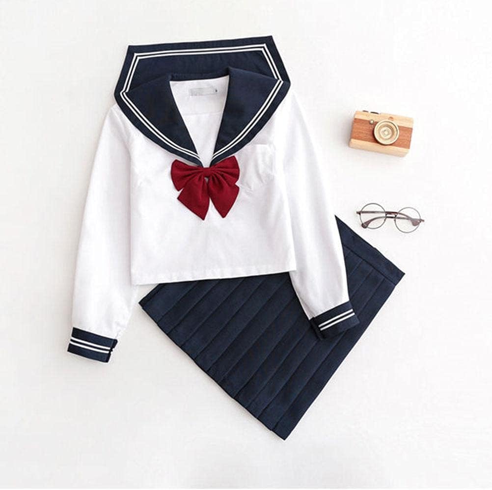 White Schoolgirl Uniform Japanese Long Sleeve Sailor Suit Sailor School Uniforms, Casual Style Normal Wear for Daily, Cute Style for Young Girls, with Pleated Skirt (#4)