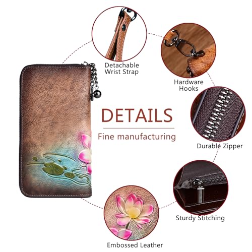 Image of Wallet Genuine Leather for Women - with RFID Blocking Card checkbook ID Slot Large Capacity Vintage style (lotus coffee)
