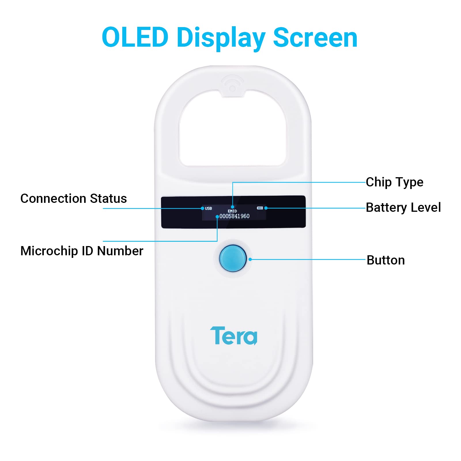 Tera Porte Adresse pour Animaux Lecteur de Puce pour Animaux Scanner RFID Portable Animal puce ID Scanner avec écran OLED Rechargeable avec Boucle D
