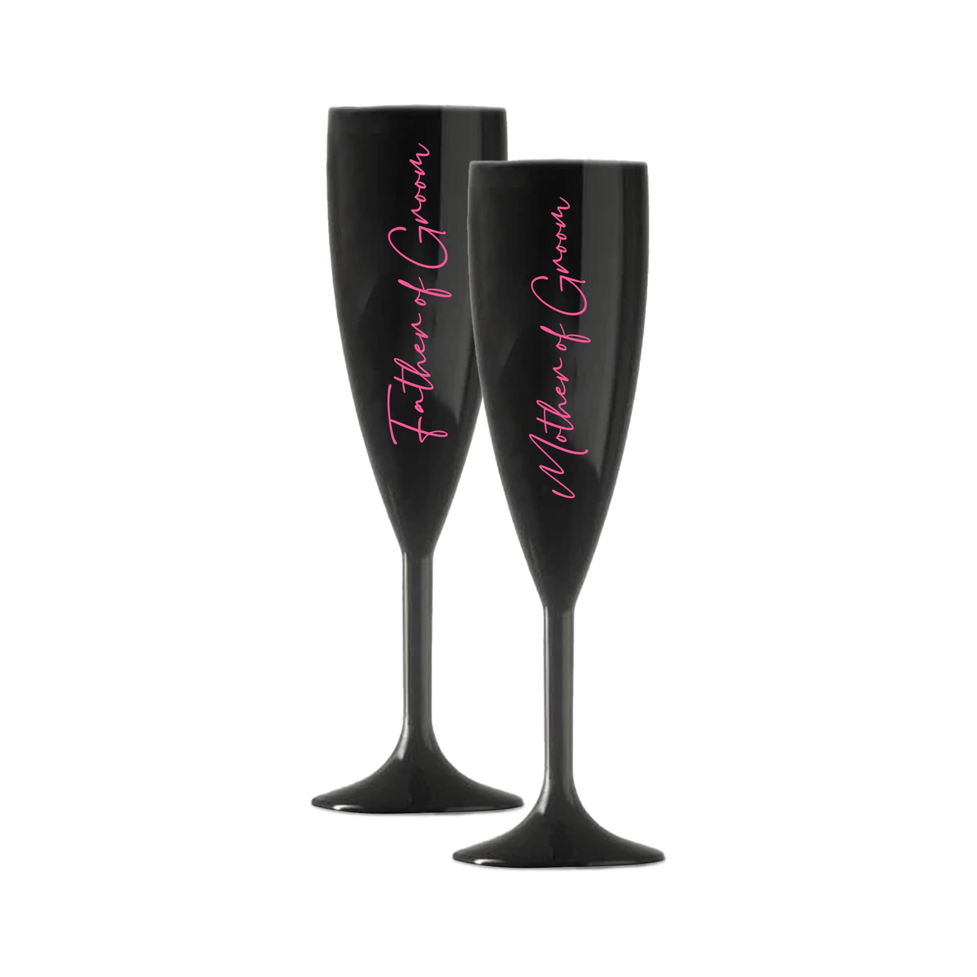 Print Maniacs Champagne Premium Black Flute Glass Bride Groom Mr Mrs Wedding Maid Honour Wine Cocktail Prosecco Celebrations Gift (Baby Pink, Father + Mother of Groom Set)