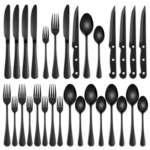 24-Piece Black Silverware Set with Steak Knives, Black Flatware Set for 4, Food-Grade Stainless Steel Tableware Cutlery Set, Mirror Finished Knife Spoon And Fork Sets for Home Restaurant