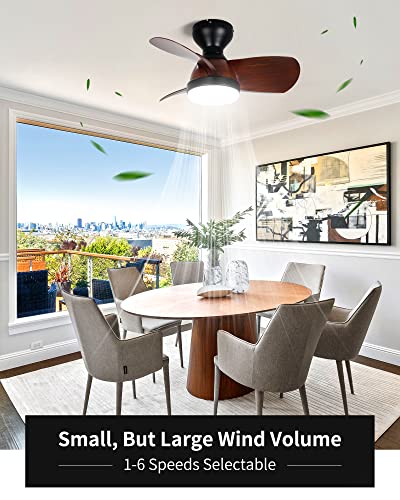 Small Flush Mount Ceiling Fan With Light, Okeli 24 Inch Compact Low Profile Modern 3 Wood Grain Blades Quiet Reversible Ceiling Fans With Remote, Light And Ceiling Fan Combo For Bedroom Kitchen, Patio #TOP2