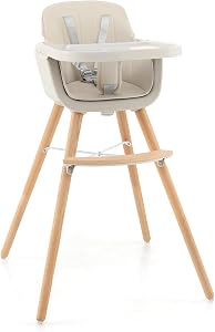 KOTEK Baby High Chair, 3 in 1 Convertible Wooden Highchair with 3-Position Adjustable Food Tray, Adjustable Seat Height, 5-Point Harness, PU Cushion and Footrest, Infant to Toddler Dining Chair (Cream)