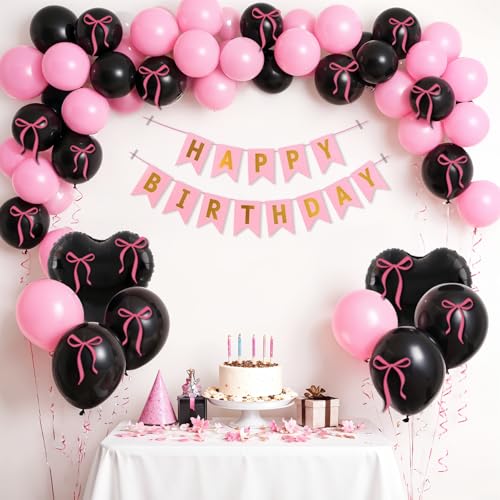 Image of Party Propz Pink Black Happy Birthday Decoration Kit for Girls -27 Pcs, Birthday Decoration Items with Black Heart Foil Balloons, Happy Birthday Banner, Balloons for Birthday, Bday Decor (Cardstock)