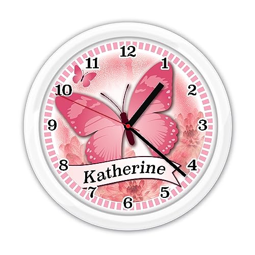 Personalized Pink Butterfly Wall Clock - Gift, Decor, Black or White Frame Room Cute