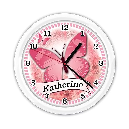 Personalized Pink Butterfly Wall Clock - Gift, Decor, Black or White Frame Room Cute