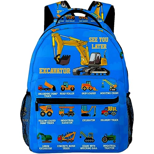 NASIAN Truck Excavator School Backpack for Boys Kids Girls Adjustable Strap Waterproof 16 inch School BookBag Outdoor Daypack - Main Image