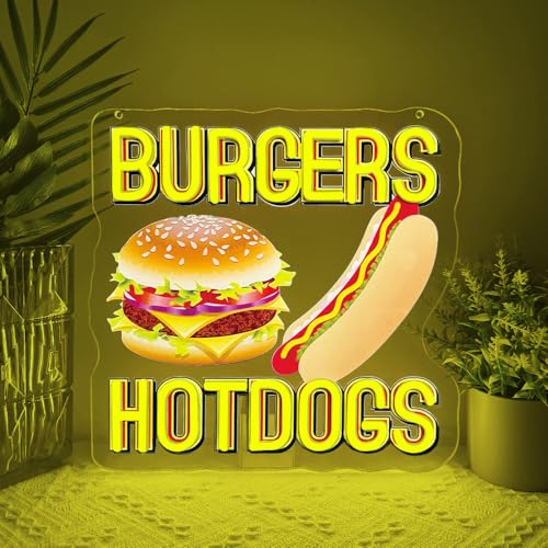 Image of Hot Dogs Burgers Neon Signs for Wall Decor,Hot Dogs Led Neon Sign Party Decorations,Dimmable Hamburger Led Lights Sign for Business Food Restaurant Bar Birthday Party Decor,Hot Dog Shop Decor