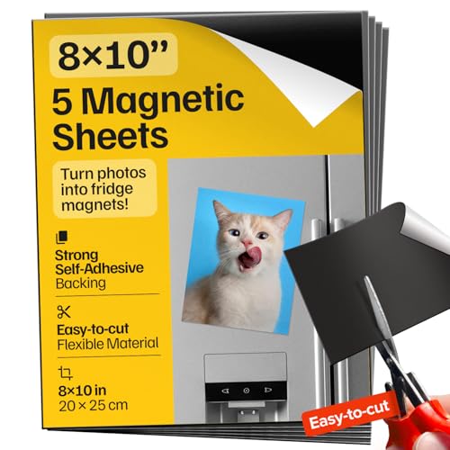 Strong Self-Stick Adhesive Magnetic Sheets 5 Pcs (8x10/20x25cm) Customizable Magnetic Paper for Photo Magnet Stickers Labels Crafts; for Fridge Lockers Whiteboards Office Projects
