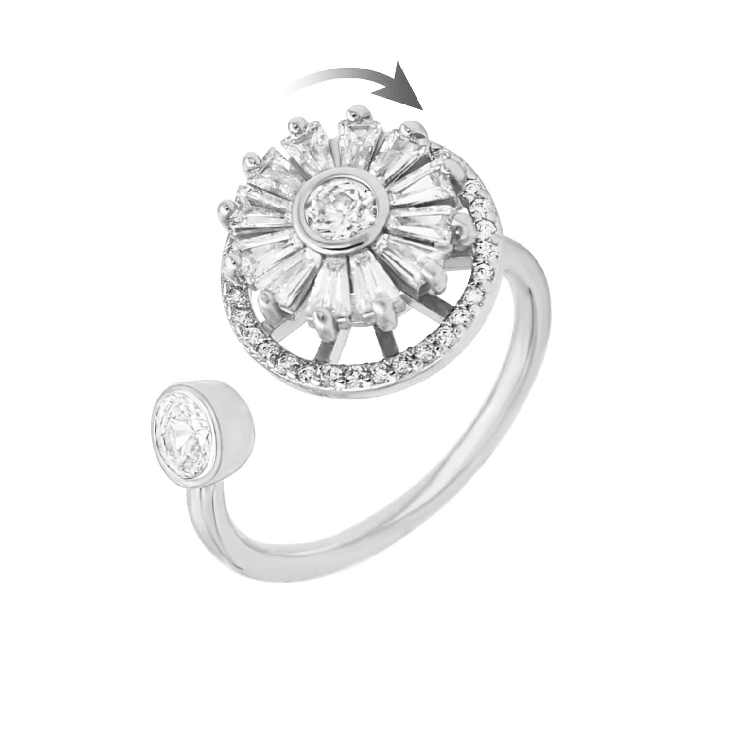 PERIFAIRYFidget Anxiety Ring Women Open Spinner Mood Ring for Cubic Zirconia Flower Rotatable Adjustable Meditation Stress Relief Ring