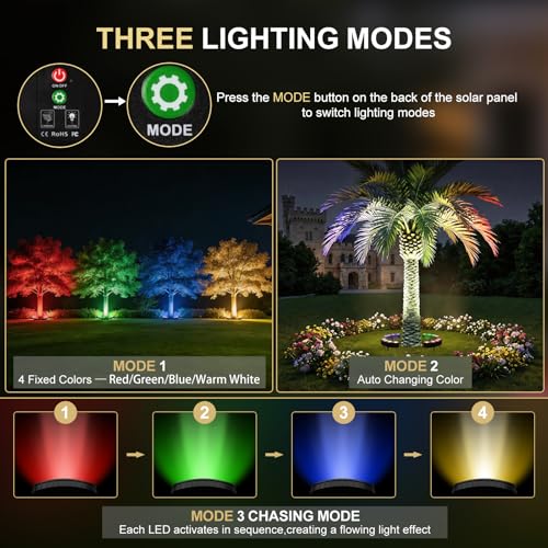Image of Upgraded Solar Tree Lights Outdoor RGBW Color Changing, Solar Ring Palm Tree Uplights with 4000mAh Battery, Angle-Adjustable Stake, 3-in-1(Stake /Tie /Hang), IP65 Waterproof Landscape Spotlight for Yard