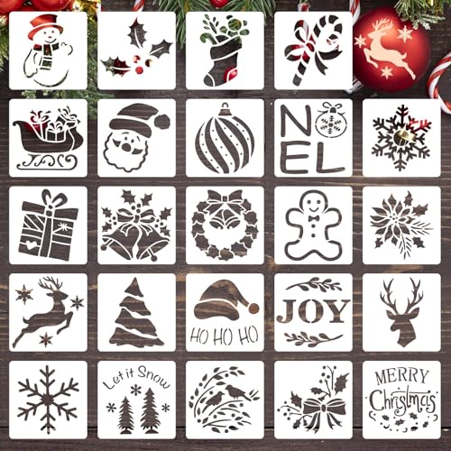 24PCS Christmas Stencils 3 x 3 Inch Reusable DIY Craft Templates for Painting Xmas Ornaments Wood Snowflake Holiday Craft Stencils Set