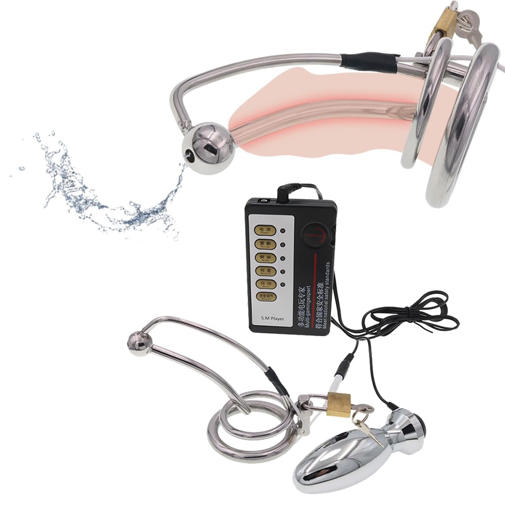 SM Elektro Shock Edelstahl Analplug Keuschheitskäfi Harnröhren Dilator Metall Elektrische Stimulation Buttplug Penisplug Sex Toys Mit Host Device E-Stim Set Sexspielzeug für Männer (Ring:40mm)