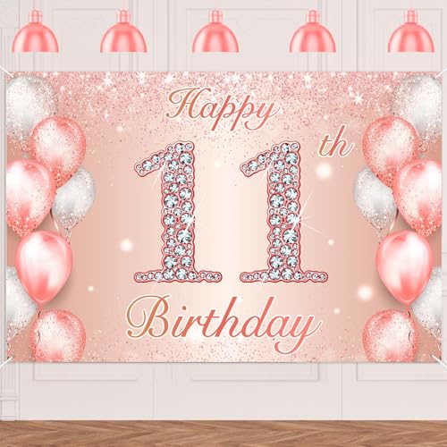 Image of Happy 11th Birthday Rose Gold Banner Cheers to 11 Years Old Backdrop Confetti Balloons Theme Decor for Girls 11 Years Old Pink Birthday Party Decorations Bday Supplies Background Favors Gift Glitter
