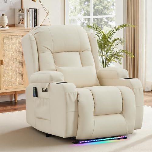 Image of URRED Recliner Chair with Massage and Heat, Power Reclining Sofa Chair Home Theater Seating with LED Ambient Light, USB Ports, Cup Holders, Side Pockets, Faux Leather (Beige, Set of 1)