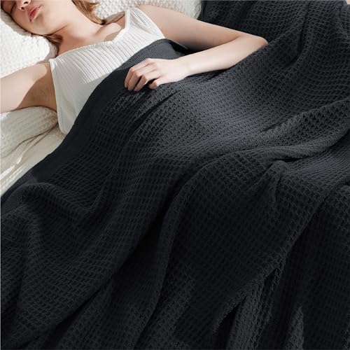 Image of Bedsure 100% Cotton Blanket Full Size for Bed - Breathable and Soft for Summer, Thick Cozy Waffle Weave Blanket Gifts for Women, Black, 80x90 Inches
