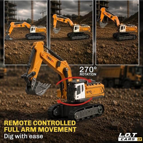 Image of Rift 1:64 Scale Remote Control Construction Vehicle, 13-Channel Excavator Toy for Kids, Rechargeable Engineering Car, Heavy Duty Machine Construction Toy with Lights & Music (Yellow)