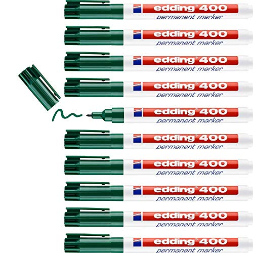 edding 400 Permanentmarker - grün - 10 Stifte - feine Rundspitze 1 mm - wasserfest, schnell-trocknend - wischfest - für Karton, Kunststoff, Holz, Metall, Glas