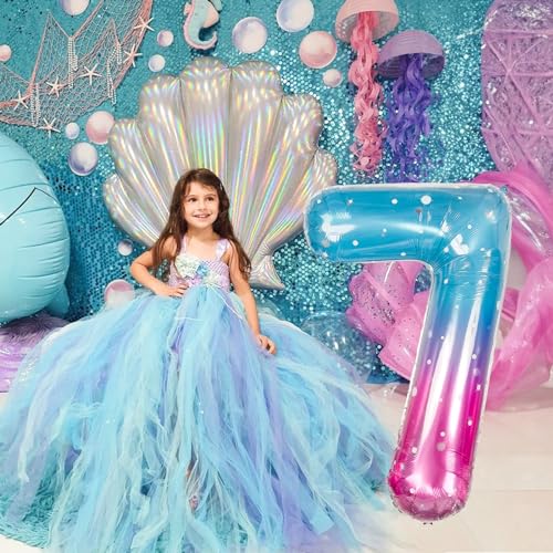 Image of 40 Inch Balloon Number 7 Mermaid, Large Mylar Foil Blue Pink Starry Number Seven Balloons Set for Girls Women, Rainbow Globos de Numero 7 Helium Balloons for Girls 7th Birthday Party Decorations