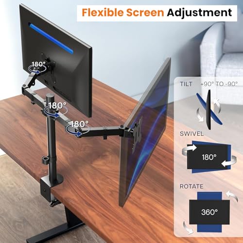 Image of Dyazo Dual Monitor Stand for Desk | Full Motion Adjustable Arms with Height Adjustment, Tilt & Swivel | Supports 13-32 Inch Screens | VESA 75 /100 Compatible with C-Clamp & Grommet Mount Base (Black)