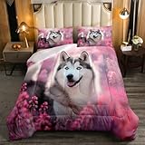Little Girls Comforter Set -Pink Gray Cute Dog Pattern Bedding Set for Boy Kids Twin Size,Siberian Husky Duvet Insert Child Botanical Branches Pet Animal Down Comforter(Floral Flower Field Quilted)