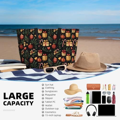 Large Beach Bags for Women Sandproof - Christmas Style Print Summer Work Travel Tote Bags with Zipper4