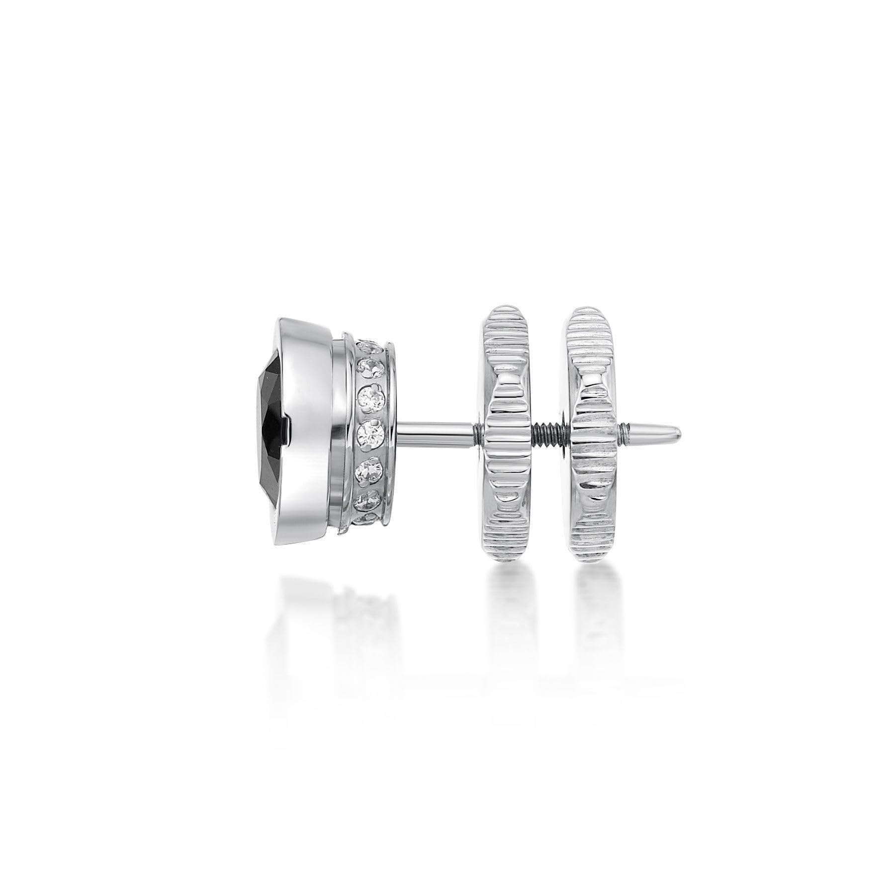 Metro Jewelry - Pendientes redondos de circonita cúbica blanca o negra de 1/20 quilates para hombre en acero inoxidable, 9 mm de ancho con parte trasera de fricción
