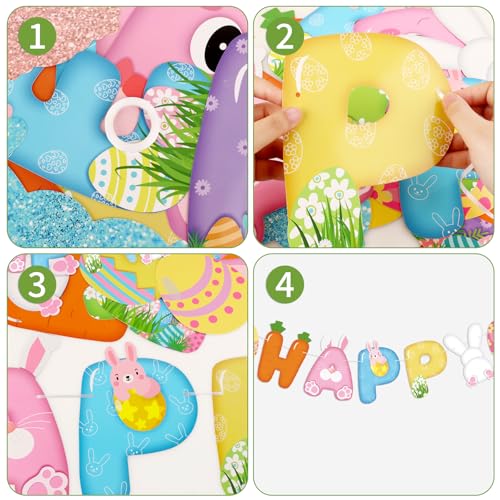 Image of Happy Easter Banner Bunny Party Decor Easter Garland with Eggs Chick Carrot Signs for Spring Party Classroom Home Wall Decor Birthday Baby Shower Party Decoration Supplies