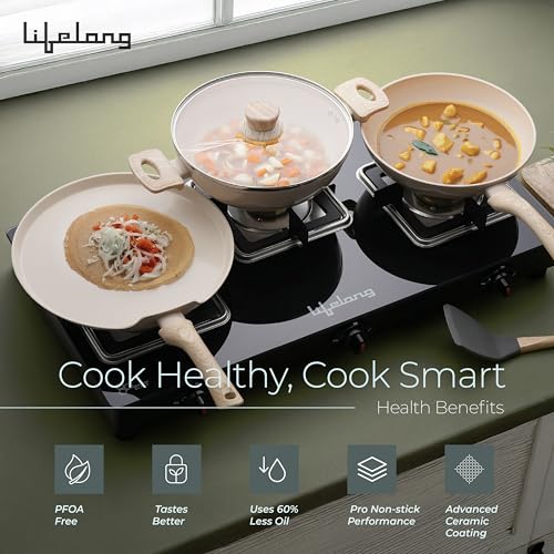 Image of Lifelong 3 Piece Forged Cookware Set With Common Lid |2.2L Kadhai with Lid 24cm |Ceramic Coated |1.4L Fry Pan 24cm | 1.2L Tawa 26cm |Induction & Gas Compatible | Non-Riveted Handle | Non-Stick Coating