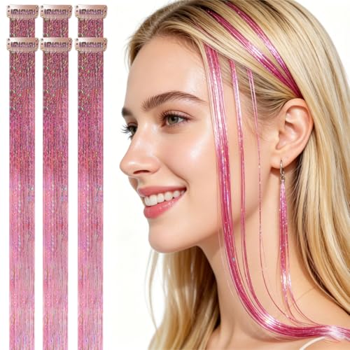 CelineBella Clip in Hair Tinsel 6 Pcs 24" Neon Pink for Rave Parties