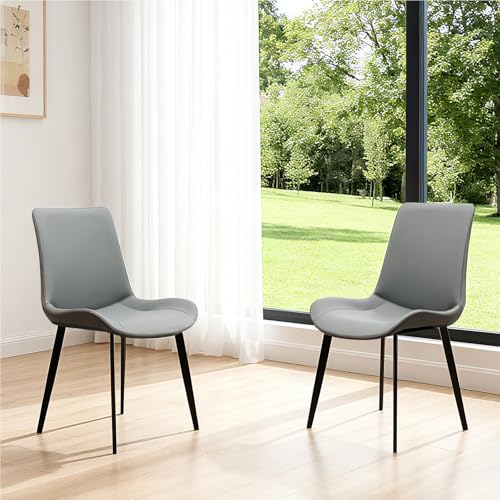 Image of Modern Dining Chairs Set of 2, PU Leather Dining Room Chairs, Upholstered Kitchen Chairs with Ergonomic Backrest & Sturdy Metal Legs, Two-Tone Design in Light Grey & Dark Grey