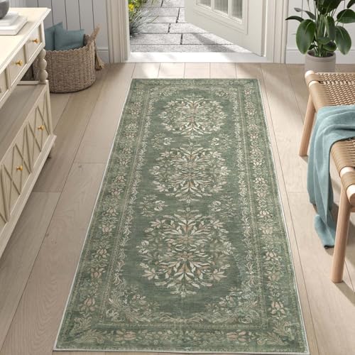 jinchan Hallway Runner Rug 2x8 Vintage Floral Distressed Design - Machine Washable Non-Slip Low-Pile Soft Thin Faux Wool Kitchen Carpet for Farmhouse Bedroom Laundry Room(2x8ft,Dark Green)