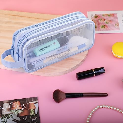 Image of Oyachic 2 Compartment Pencil Case Clear Mesh Pen Pouch Grid Makeup Cosmetics Bag Transparent Marker Organizer Office Business Travel Adults,blue