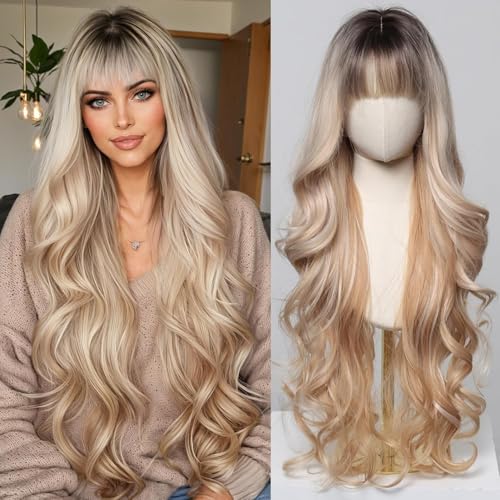 Nuxovin Golden Blonde Ombre Wigs Human Hair Long with Bangs