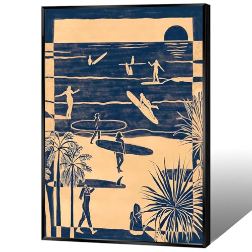 Trendy California Surfer Surfboard Wall Art Summer Coast Surfing Sports Canvas Posters Tropical Hippie Beach Minimalist Prints Painting For Living Room Bedroom Wall Decor 16x24in Black Framed