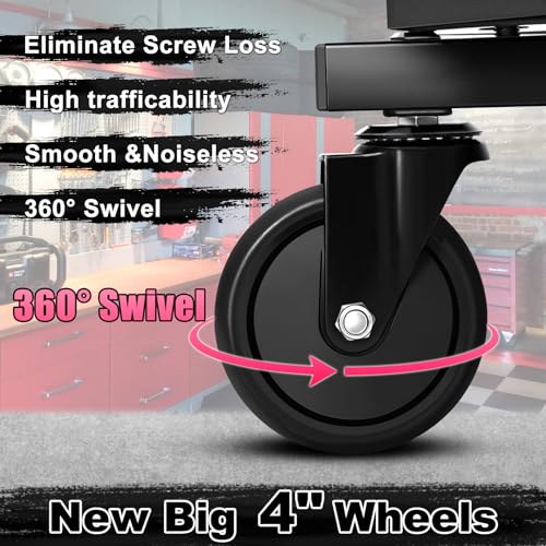 Image of Rolling Stool with Wheels, Adjustable Height Pneumatic Garage Work Mechanic Stool Seat with Backrest, 400 LBS Capacity 360 Swivel Mechanic Crepper Chair with Tool Tray Storage, Pink