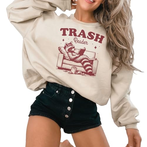 Trash Reader Sweatshirt - Funny Trendy Vintage Raccoon Book Lover Shirt - Sarcastic Reading Romance Novel Bookworm Pullover - Unisex Graphic Crewneck Sweatshirt Sand4